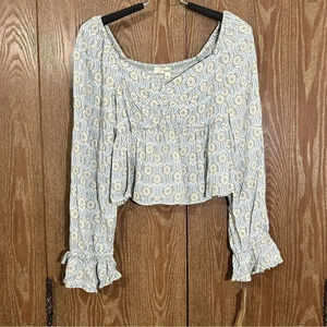 Rewind NWT Women's Large Light Blue Floral Long Sleeve Ruffled Off the Shoulder